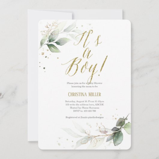 Modern, Greenery, Waterverf, Baby Boy Shower Kaart (Voorkant)