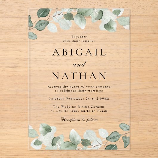 Modern Greenery Wedding Acryl Uitnodigingen (Voorkant)