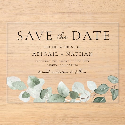 Modern Greenery Wedding Save the Date Acryl Uitnodigingen (Voorkant)
