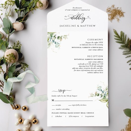 Modern Greenery Wedding w/ Perforated RSVP All I In One Uitnodiging