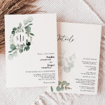 Modern Greenery White Monogram in één bruiloft Kaart<br><div class="desc">Dit moderne grove witte monogram in één huwelijksuitnodigingsontwerp biedt een eenvoudige mix en past coördinerende stijlen in zwart-wit aan met delicate grijze elementen, waardoor je een fraaie bloei rond eenvoudige, geavanceerde typografie en heerlijk minimaal kalligrafiescript kunt realiseren. De waterverf eucalyptus en andere botanische bladeren zijn prachtig doorheen, met donkere smaragd...</div>