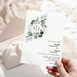 Modern Greenery White Monogram Wedding Invitation Kaart<br><div class="desc">Dit moderne groene, witte monogram huwelijksuitnodigingsontwerp biedt een eenvoudige mix en past coördinerende stijlen in zwart-wit aan met delicate groene elementen, waardoor de bloei van het monogram gemakkelijk kan worden gestroomlijnd door eenvoudige, geavanceerde typografie en een prachtig, minimaal kalligrafiescript. De waterverf eucalyptus en andere botanische bladeren zijn prachtig doorheen, met...</div>