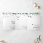 Modern Greenery White Tri-Fold Wedding Invitation Drieluik Uitnodiging<br><div class="desc">Dit moderne groene, witte drieledige huwelijksuitnodigingsontwerp biedt een eenvoudige mix en past coördinerende stijlen in zwart-wit aan met delicate groene elementen, waardoor de brutale bloei rond eenvoudige, geavanceerde typografie en een prachtig, minimaal kalligrafiescript wordt vergroot. De waterverf eucalyptus en andere botanische bladeren zijn prachtig doorheen, met donkere smaragd in een...</div>