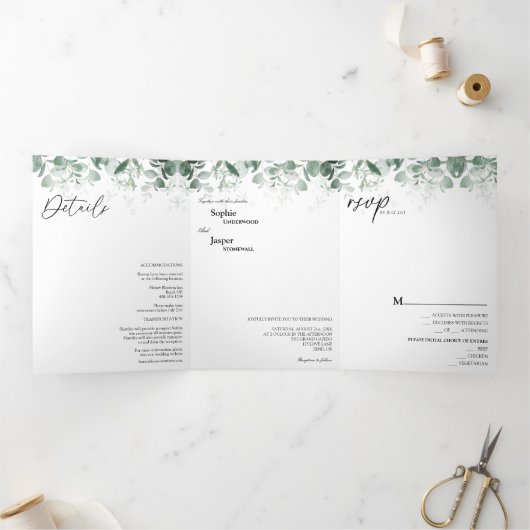 Modern Greenery White Tri-Fold Wedding Invitation Drieluik Uitnodiging (Binnen)