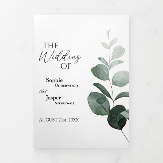 Modern Greenery White Tri-Fold Wedding Invitation Drieluik Uitnodiging (Cover)