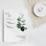 Modern Greenery White We doen een huwelijksuitnodi Kaart<br><div class="desc">Dit moderne greenery-wit dat wij trouwuitnodigingsontwerp maken, biedt een eenvoudige mix en past coördinerende stijlen in zwart-wit aan met delicate groene elementen, waardoor een snelle bloei ontstaat rond eenvoudige, geavanceerde typografie en een prachtig, minimaal kalligrafiescript. De waterverf eucalyptus en andere botanische bladeren zijn prachtig doorheen, met donkere smaragd in een...</div>