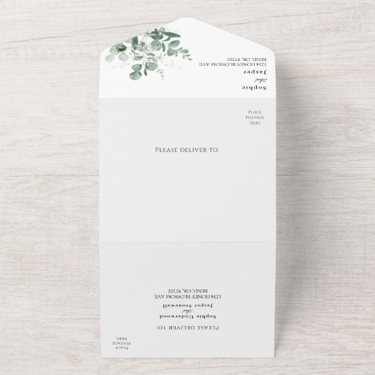 Modern Greenery White Wedding All In One Uitnodiging (Buitenkant)