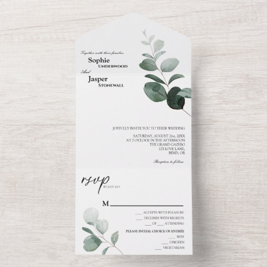 Modern Greenery White Wedding All In One Uitnodiging (Binnen)