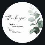 Modern Greenery White Wedding Dank je Sticker<br><div class="desc">Deze moderne grove witte bruiloft bedankt u het ontwerp van de sticker kenmerkt gemakkelijke mengeling en past coördinerende stijlen in zwart-wit aan met delicate greenery elementen die een grijze bloei rond eenvoudige, geavanceerde typografie en heerlijk minimaal kalligrafiekmanuscript toevoegen. De waterverf eucalyptus en andere botanische bladeren zijn prachtig doorheen, met donkere...</div>