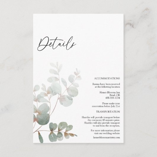 Modern Greenery White Wedding Details Informatiekaartje (Voorkant)