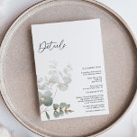 Modern Greenery White Wedding Details Informatiekaartje<br><div class="desc">Deze moderne grove witte bruiloft detailleert het ontwerp van de omhullingskaart kenmerkt gemakkelijke mengeling en past coördinerende stijlen in zwart-wit aan met delicate greenery elementen die een grijze bloei rond eenvoudige, geavanceerde typografie en heerlijk minimaal kalligrafiescript toevoegen. De waterverf eucalyptus en andere botanische bladeren zijn prachtig doorheen, met donkere smaragd...</div>