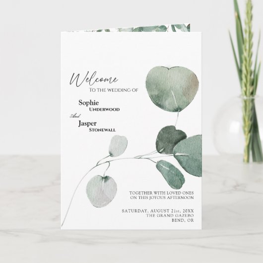 Modern Greenery White Wedding Folded Programme Programma (Voorkant)