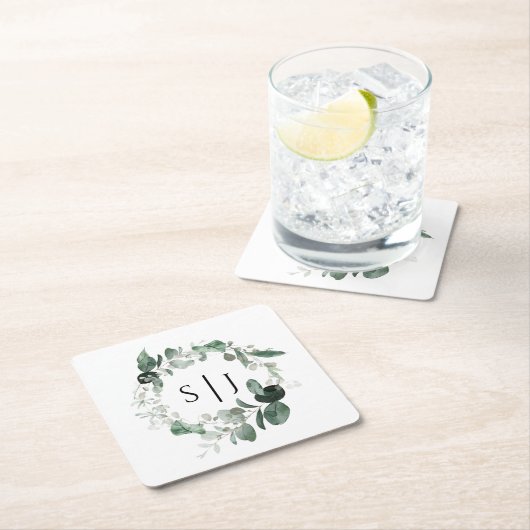 Modern Greenery White Wedding Monogram Kartonnen Onderzetters (Insitu)