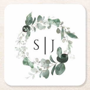 Modern Greenery White Wedding Monogram Kartonnen Onderzetters
