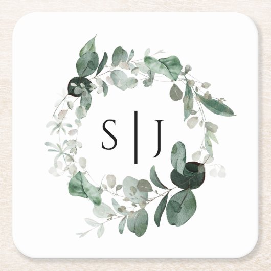 Modern Greenery White Wedding Monogram Kartonnen Onderzetters (Voorkant)