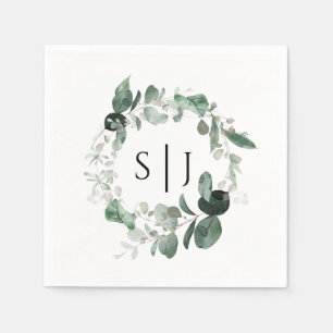 Modern Greenery White Wedding Monogram Napkin Servet