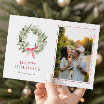 Modern Greenery Wreath & Bow Photo Holiday Card