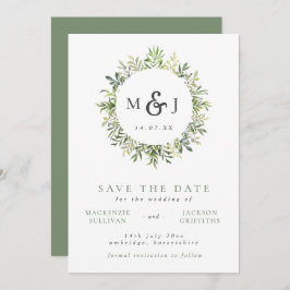 Modern Greenery Wreath Monogram Wedding Save The Date