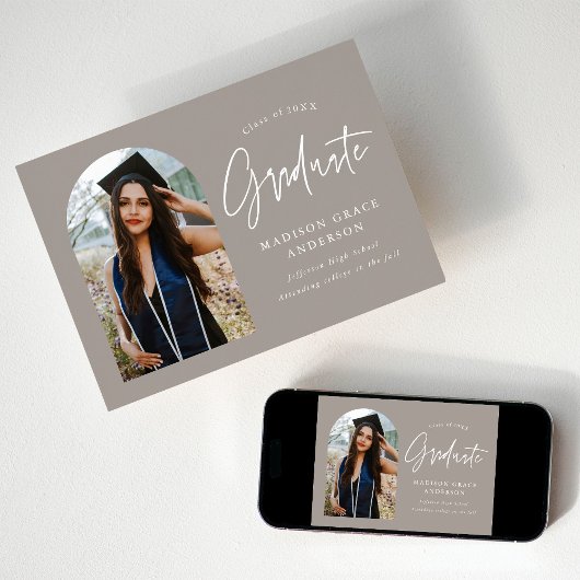 Modern Greige Arch Photo Afstuderen Aankondiging