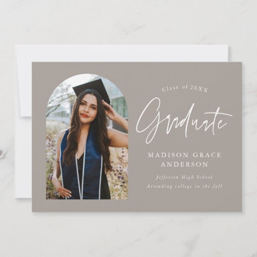 Modern Greige Arch Photo Afstuderen Aankondiging (Voorkant)