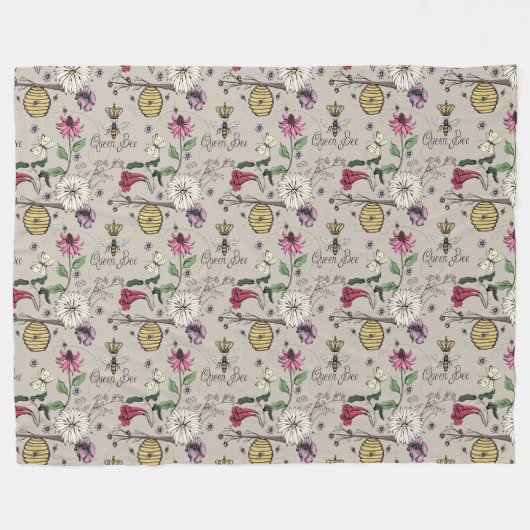 Modern Greige Queen Bee Royal Crown Bloemen Patroo Fleece Deken (Voorkant (Horizontaal))