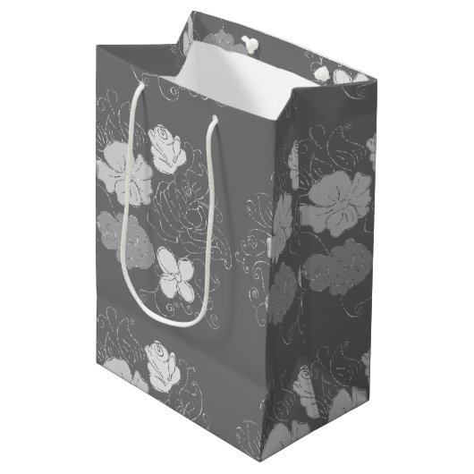 Modern Grey and White Floral Pattern Medium Cadeauzakje (Voorkant Gekanteld)