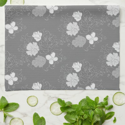 Modern Grey and White Floral Pattern Theedoek (Gevouwen)