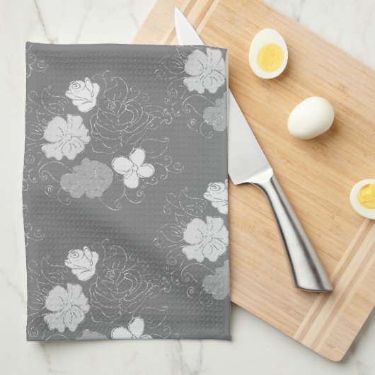 Modern Grey and White Floral Pattern Theedoek (Quarter Fold)