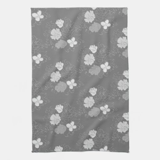 Modern Grey and White Floral Pattern Theedoek (Verticaal)