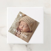  Modern Grey and White Photo Birth Announcement Bedankjes Labels (In situ)