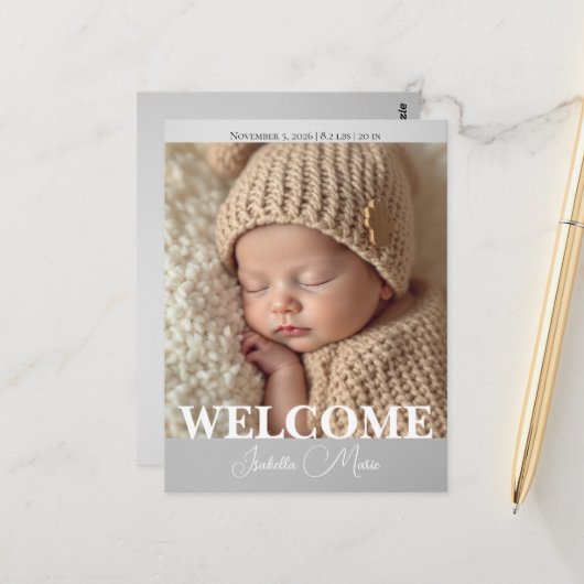  Modern Grey and White Photo Birth Announcement Briefkaart (Voorkant / Achterkant in situ)