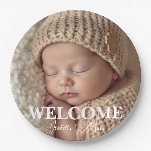  Modern Grey and White Photo Birth Announcement Papieren Bordje (Voorkant)