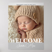 Modern Grey and White Photo Birth Announcement Poster (Voorkant)