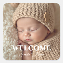 Modern Grey and White Photo Birth Announcement Vierkante Sticker
