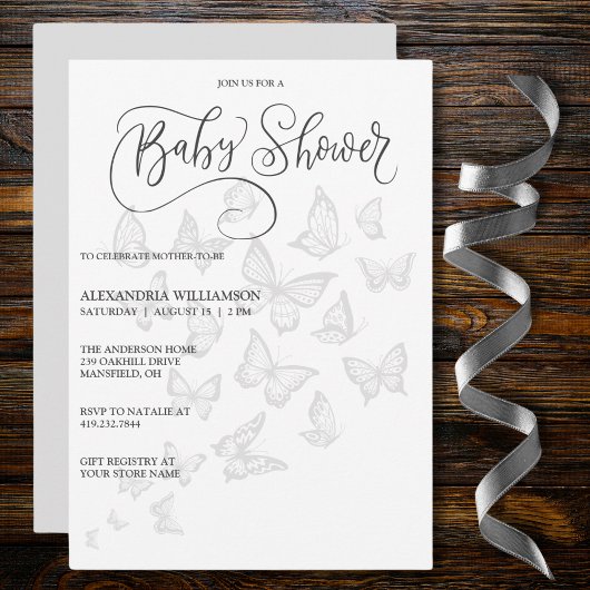 Modern Grey Butterflies Baby shower Invitation Kaart