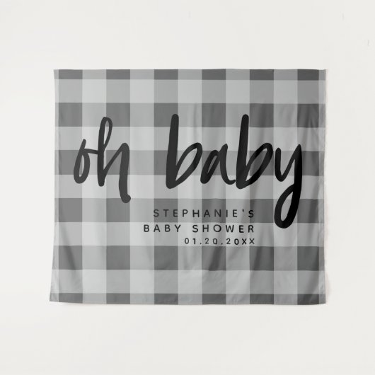 Modern Grey Gingham Baby shower Achtergrond Wandkleed (Voorkant (horizontaal))