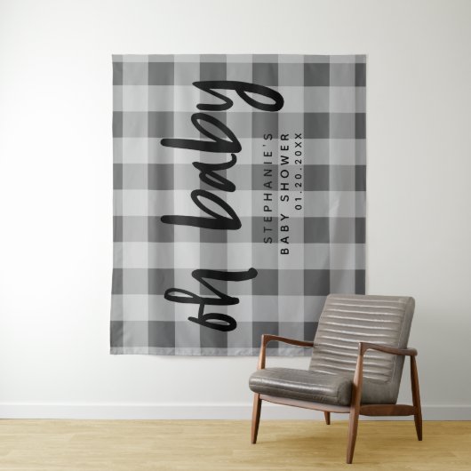 Modern Grey Gingham Baby shower Achtergrond Wandkleed (In situ)