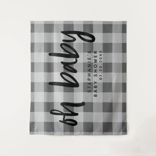 Modern Grey Gingham Baby shower Achtergrond Wandkleed (Voorkant)