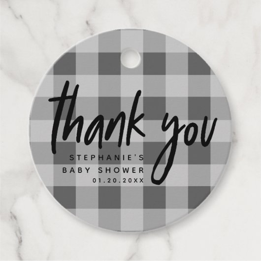 Modern Grey Gingham Baby shower dank u Bedankjes Labels (Voorkant)