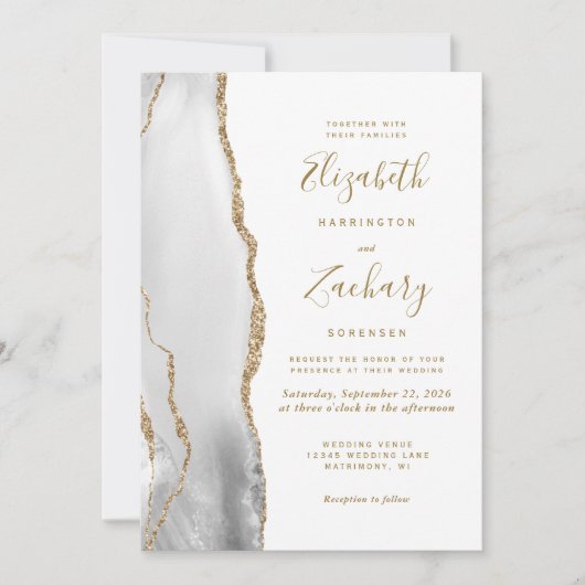 Modern Grey Gold White Agate Wedding Kaart (Voorkant)
