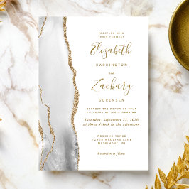 Modern Grey Gold White Agate Wedding Kaart