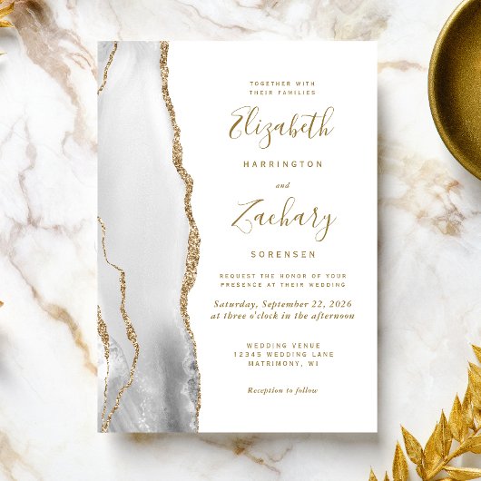 Modern Grey Gold White Agate Wedding Kaart
