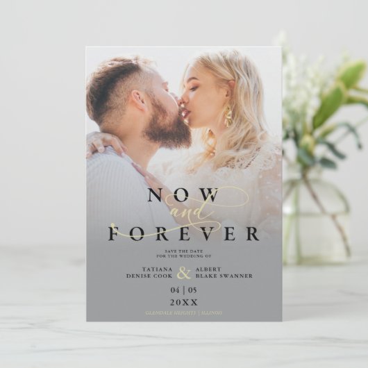 Modern Grey Gradient Elegant Photo Script Wedding Save The Date (Staand voorkant)