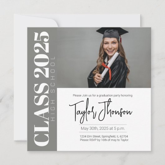 Modern grey Graduation Party Invitation With photo Kaart (Voorkant)