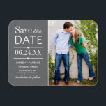 Modern Grey Hearts Weddenschap Foto bewaart datum Magneet<br><div class="desc">Moderne foto slaat het design van de datummagneet op met gemengde typografie met scalloped edging en hartaccenten. Geef je trouwgegevens een persoonlijk tintje en een favoriete foto van je verloving.</div>