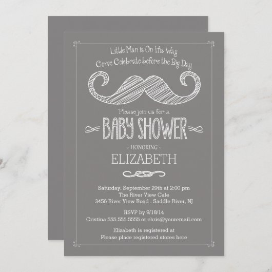 Modern Grey Little Man Mustache Baby shower Kaart (Voorkant / Achterkant)