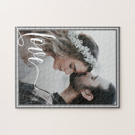Modern Grey Love Script Photo Valentijnsdag Legpuzzel (Horizontaal)