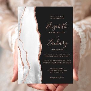 Modern Grey Roos Gold Agate Slate Black Wedding Kaart