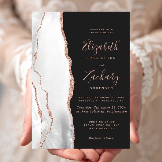 Modern Grey Roos Gold Agate Slate Black Wedding Kaart