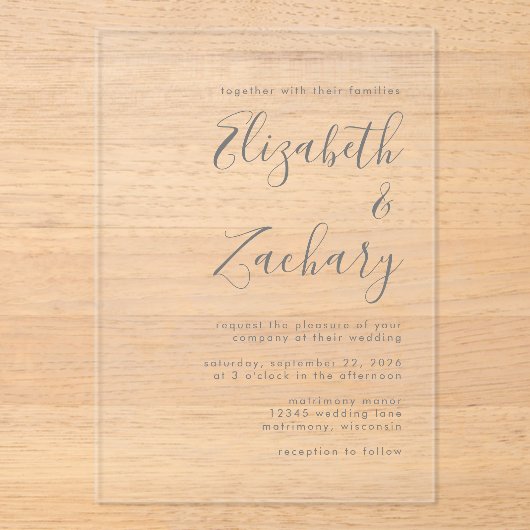 Modern Grey Script Wedding Invitation Acryl Uitnodigingen (Voorkant)